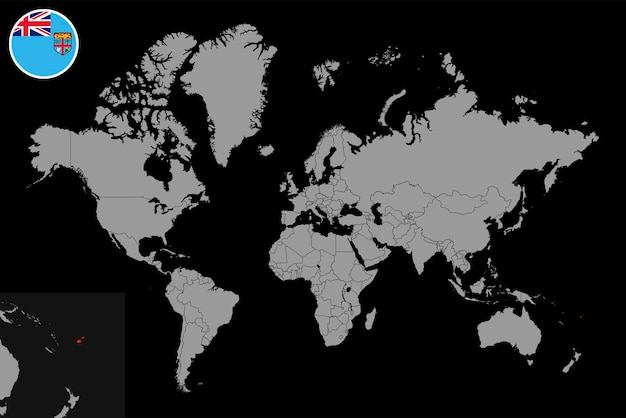 Mappa pin con bandiera figi sulla mappa del mondo illustrazione vettoriale