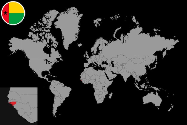 世界地図上のギニアビサウ フラグとピン マップ ベクトル図