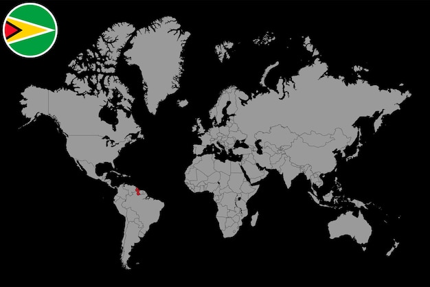 世界地図ベクトル図にガイアナ フラグとピン マップ