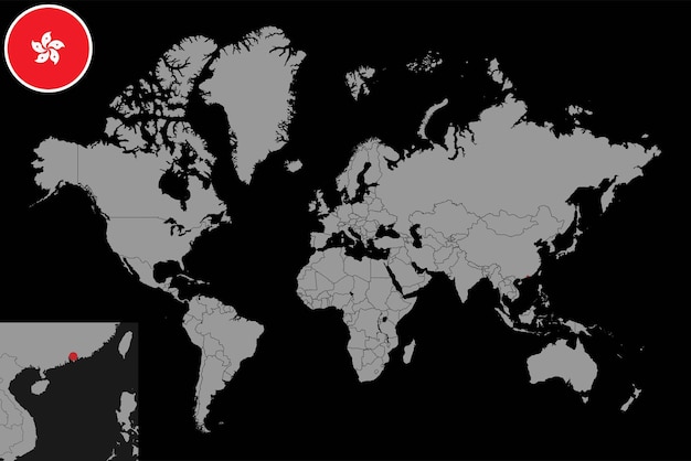 Карта булавки с флагом гонконга на векторной иллюстрации карты мира