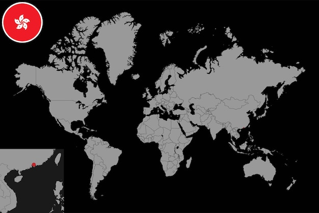 世界地図ベクトル図に香港の旗とピン マップ