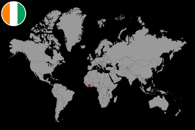Карта булавки с флагом Кот-д'Ивуара на карте мира Векторная иллюстрация