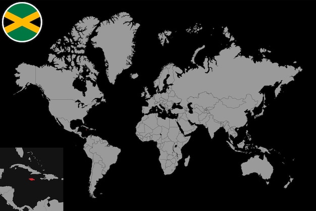 Mappa pin con bandiera giamaica sulla mappa del mondo illustrazione vettoriale