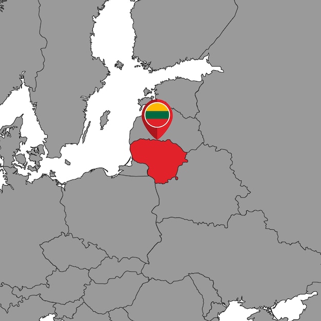 世界地図ベクトル図にリトアニアの国旗とピン マップ