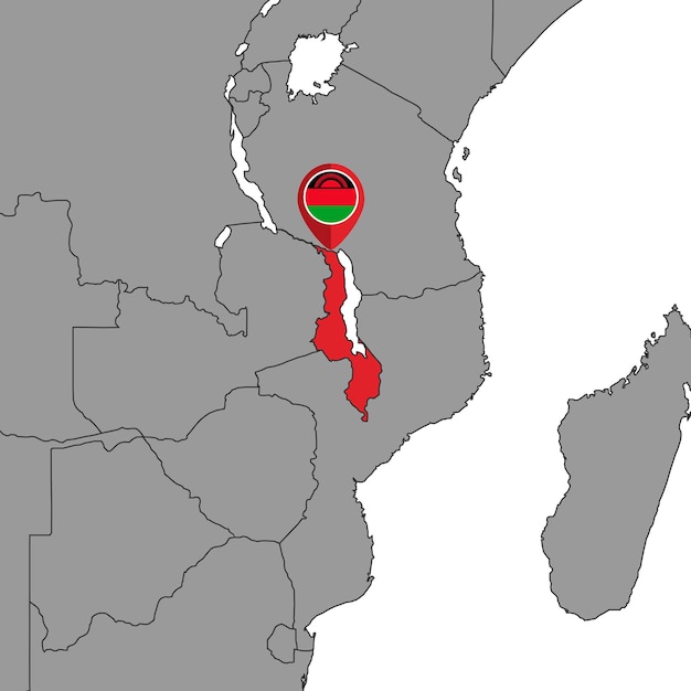 世界地図ベクトル図にマラウイ フラグとピン マップ