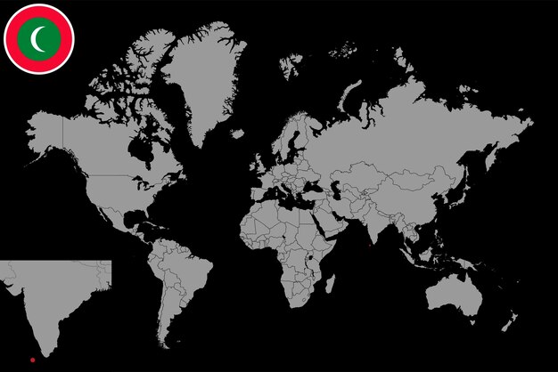 世界地図ベクトル図にモルディブ フラグとピン マップ