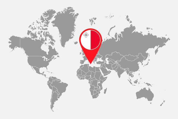 世界地図ベクトル図にマルタの国旗とピン マップ