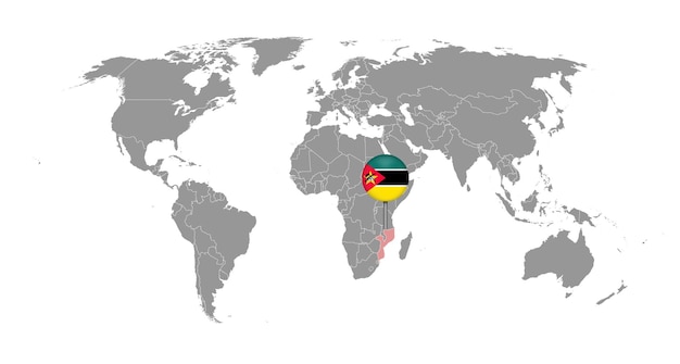 Mappa pin con bandiera del mozambico sulla mappa del mondo illustrazione vettoriale