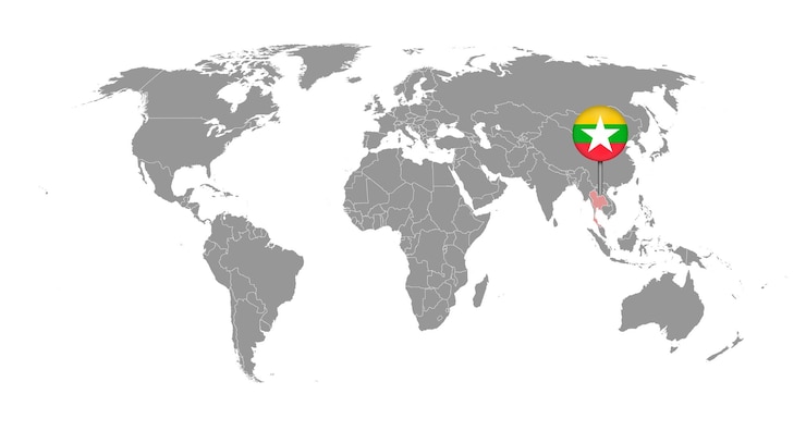Vector pin map with myanmar flag on world map vector illustration