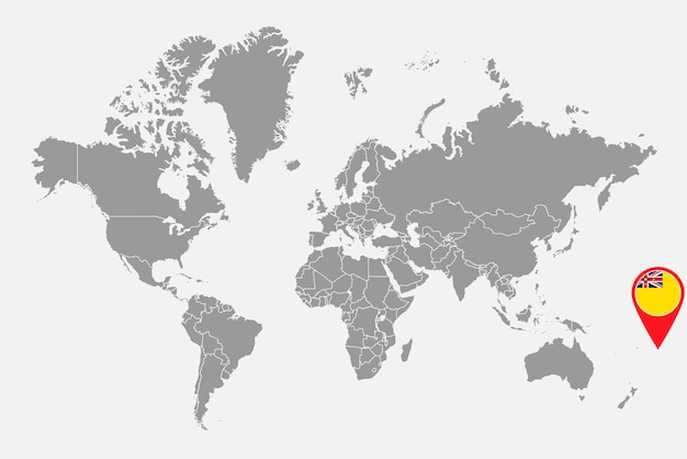 Mappa pin con bandiera niue sulla mappa del mondo illustrazione vettoriale