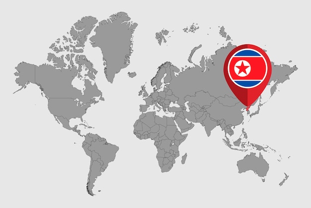 Pin map with North Korea flag on world map Vector illustration