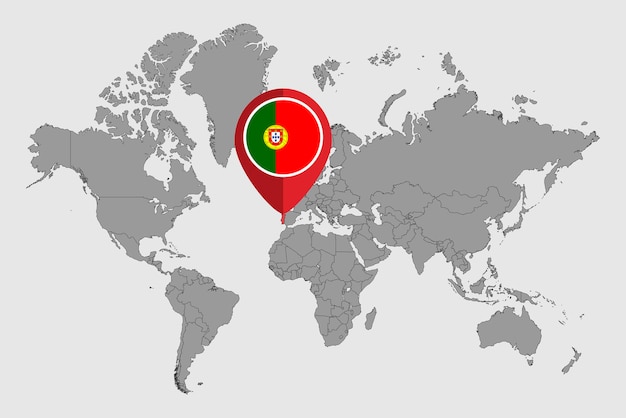 Mappa pin con bandiera del portogallo sulla mappa del mondo illustrazione vettoriale