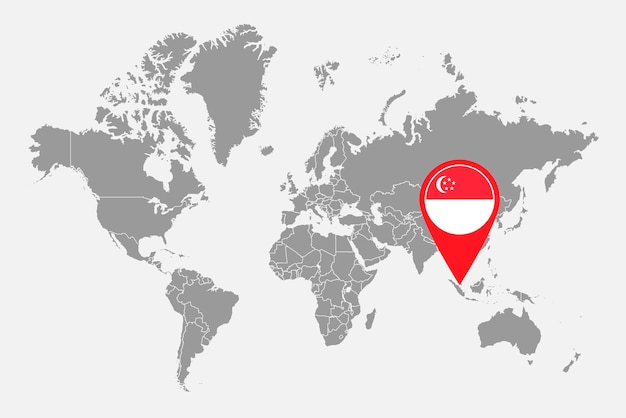 Mappa pin con bandiera di singapore sulla mappa del mondo illustrazione vettoriale