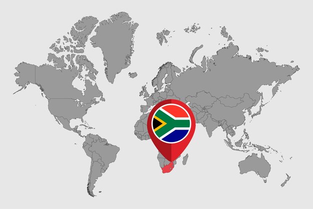 Vettore mappa pin con bandiera del sud africa sulla mappa del mondo illustrazione vettoriale