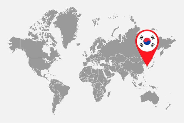 ベクトル 世界地図ベクトル図に韓国国旗とピン マップ