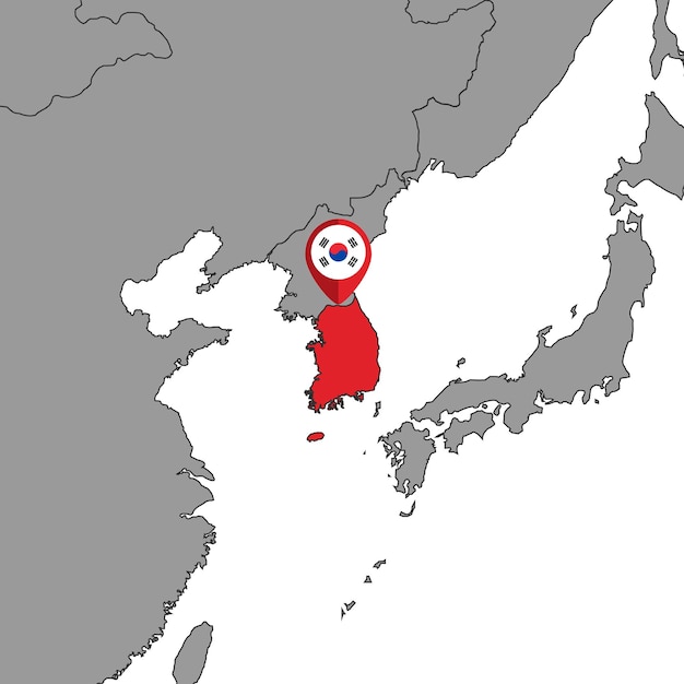 Карта булавки с флагом южной кореи на карте мира векторная иллюстрация