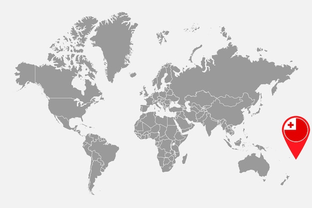 世界地図ベクトル図にトンガの国旗とピン マップ