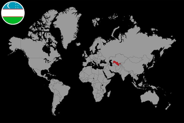 世界地図ベクトル図にウズベキスタンの国旗とピン マップ