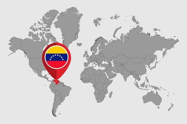 Vettore mappa pin con bandiera venezuela sulla mappa del mondo illustrazione vettoriale