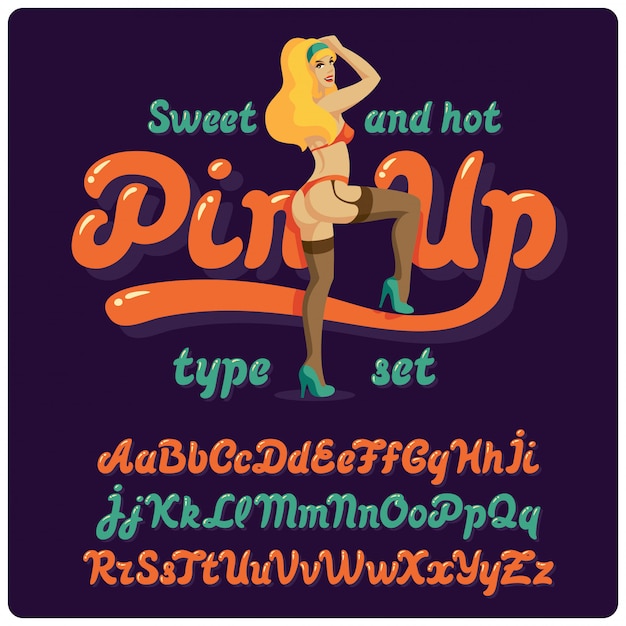 Vector pin-up font set with pretty female illustration