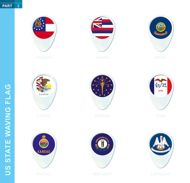 Pin vlag set, kaart locatiepictogram in blauwe kleuren met usa staat vlag van georgia, hawaii, idaho, illinois, indiana, iowa, kansas, kentucky, louisiana