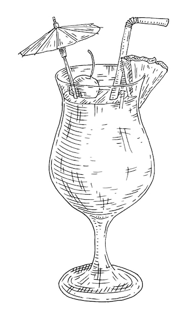 Cocktail pina colada con fetta di ananas e cannuccia in bicchiere highball. illustrazione di tratteggio di vettore dell'annata. isolato su sfondo bianco