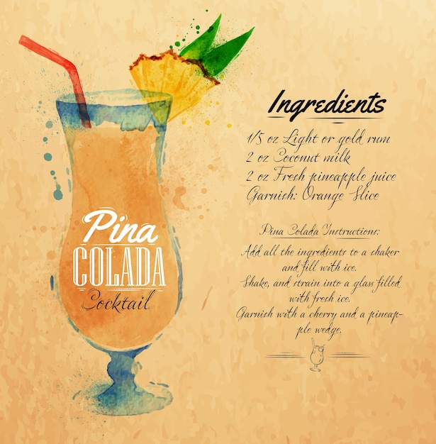 Vector pina colada cocktails watercolor kraft