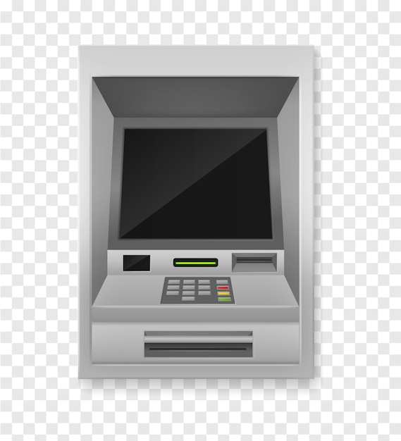 Pinautomaat. realistisch vooraanzicht van de betaalautomaat, geldautomaat voor financiële dienst, elektronische financiële apparatuur voor bankieren, zwart leeg scherm, metalen behuizing, 3d-vector geïsoleerde illustratie