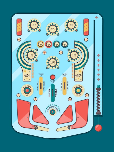 Вектор Пинбол-автомат. забавная игра мяч запасной забастовки эмоции детства кнопки боул декоративный шаблон доски пинбола. иллюстрация деятельности машины, игра в пинбол