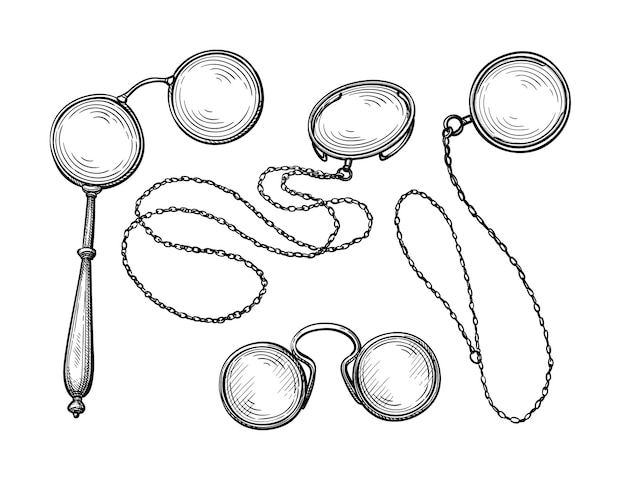 Vector pincenez lorgnette and monocles vintage spectacles ancient corrective lenses ink sketch set