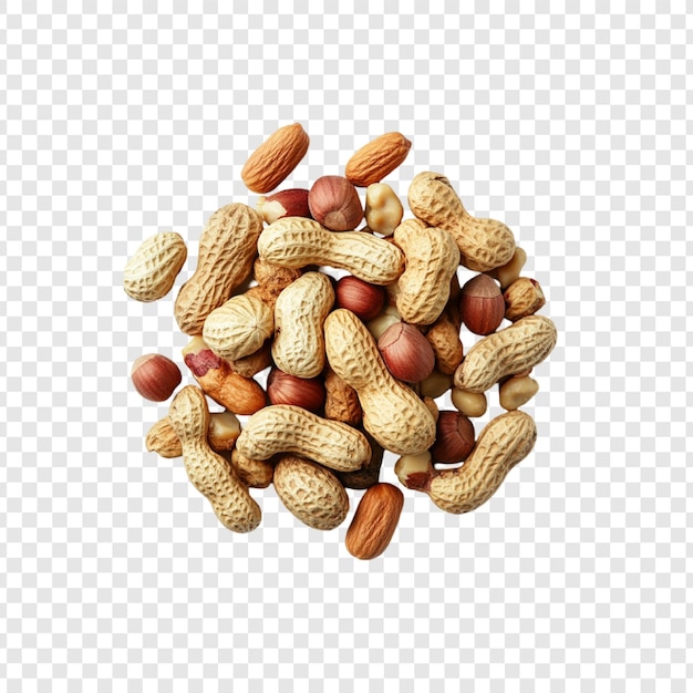 Pinda's en hazelnoten op een stapel op een doorzichtige achtergrond