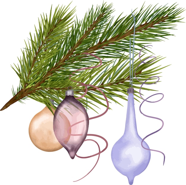 Pine branch with Christmas balls serpentine digital watercolor style illustration isolated