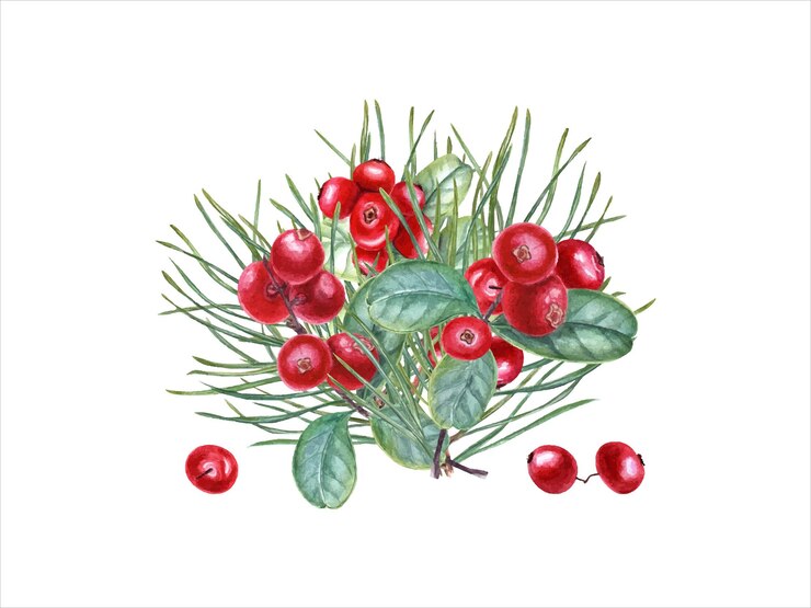 Vector pine branches and juicy red cranberries forest swamp berries with evergreen twigs watercolor illustration for the design of invitation greetings advertising posters