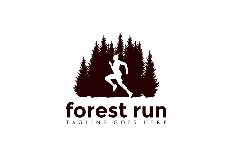 Vector pine cedar evergreen conifer larch cypress trees forest with marathon running man male for sport logo design
