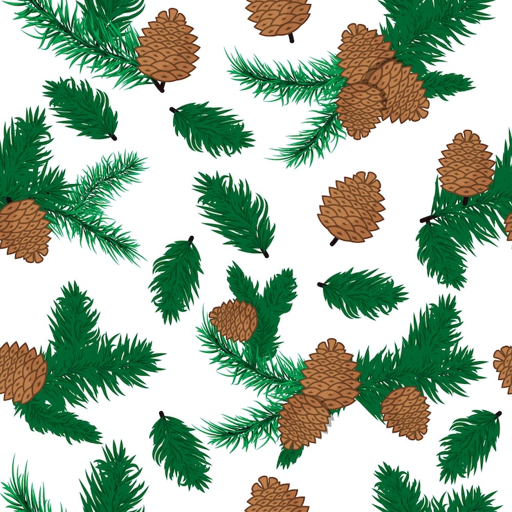 Vector pine cone seamless pattern christmas decoration. nature pine cone decoration spruce xmas green forest elements. evergreen holiday pine cone branch set. forest plant evergreen pine branches.