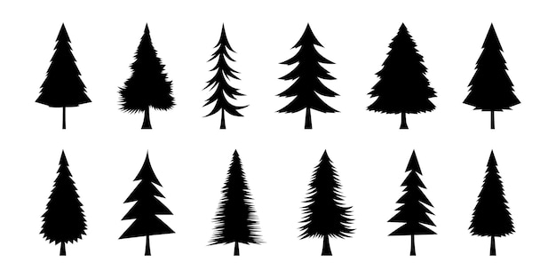 Vector pine fir spruce christmas trees set new year's elements of nature and forest trees black silhouettes