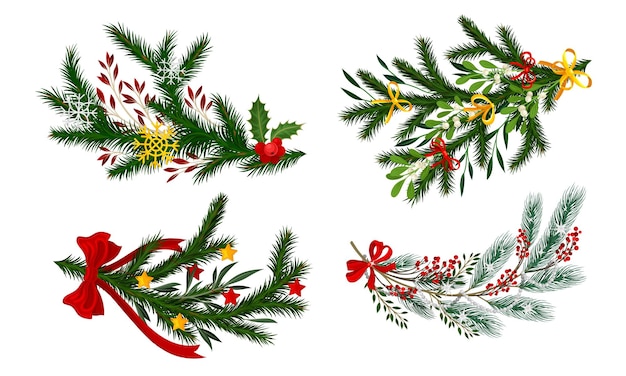 Vector pine and fir tree branches decorated with ribbon and mistletoe vector set