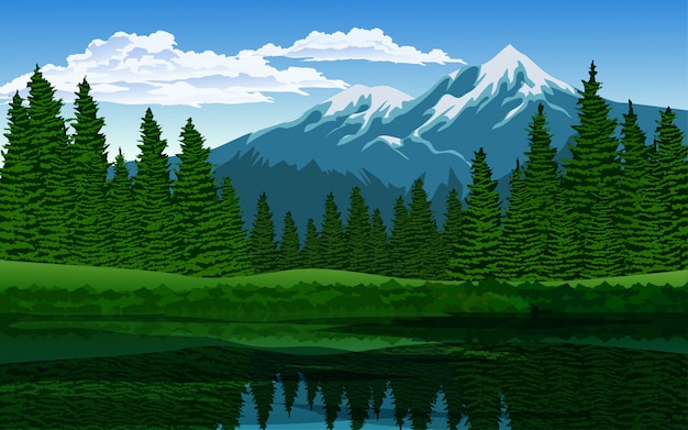 Вектор Сосновый лес у озера с горой