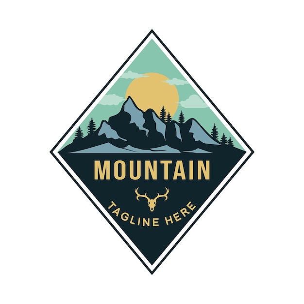 Concetto di design del logo della foresta di pini e delle colline