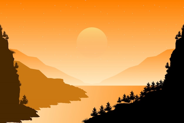 Vector pine forest landscape in evening sunset with mountain sky illustration