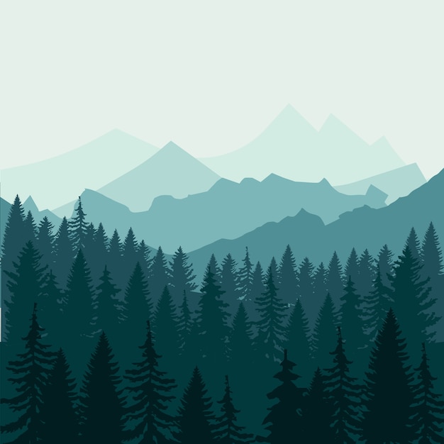 Vector pine forest and mountains