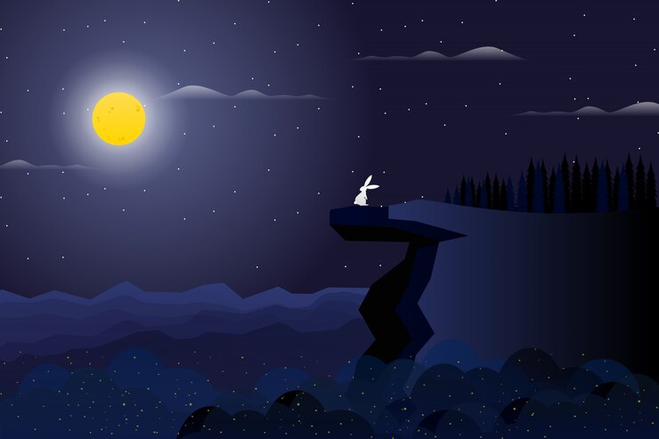 Vector pine forest on night peak of mountain with night sky