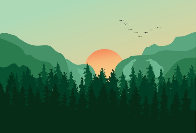 Vector pine forest panorama landscape background