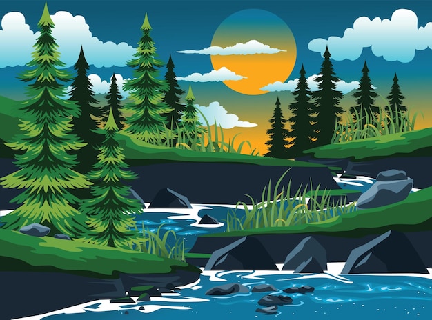 Pine forest at river landscape illustration