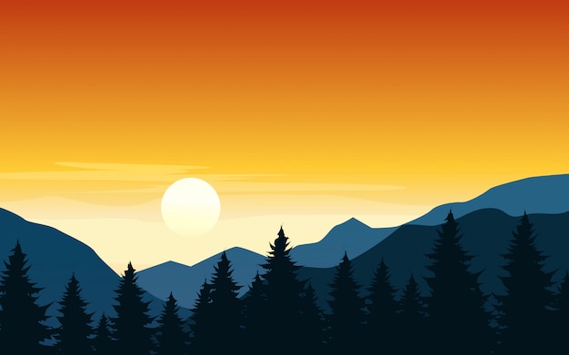 Vector pine forest silhouette and mountain sunset illustration