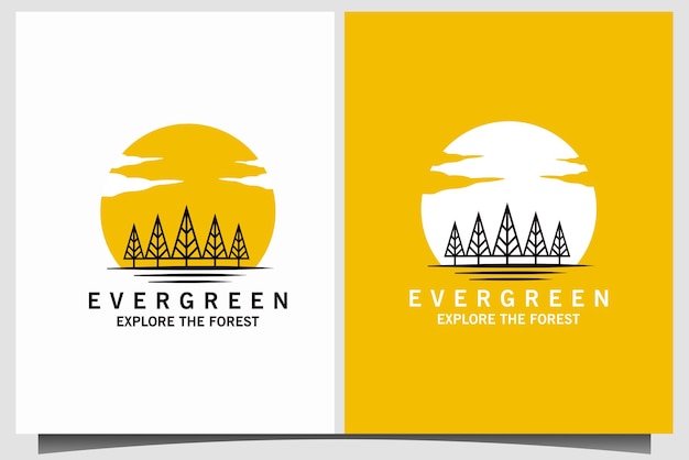 pine forest sun set logo design vector template