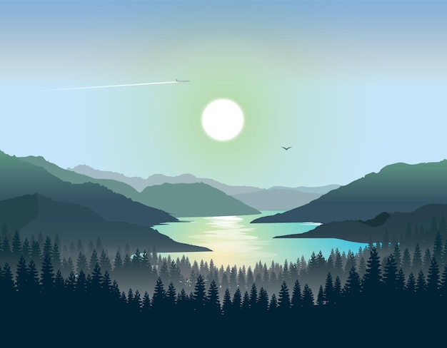Pine forest with a river flows through mountains landscape vector art