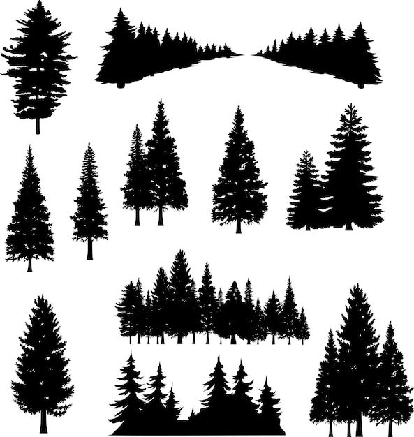 Pine tree forest shadow bold outline bundle set