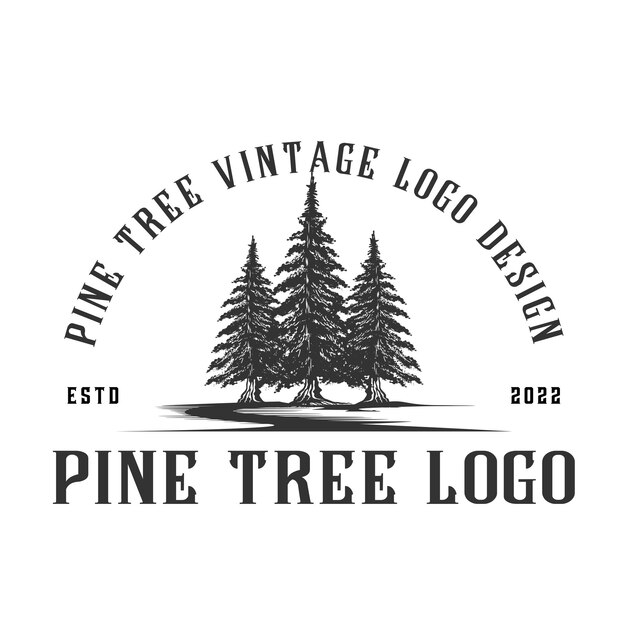 Albero di pino logo design albero di pino in mano disegnato in stile vintage per azienda con l'icona dell'albero