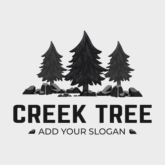 pine tree logo vintage with river creek vector emblem illustration design